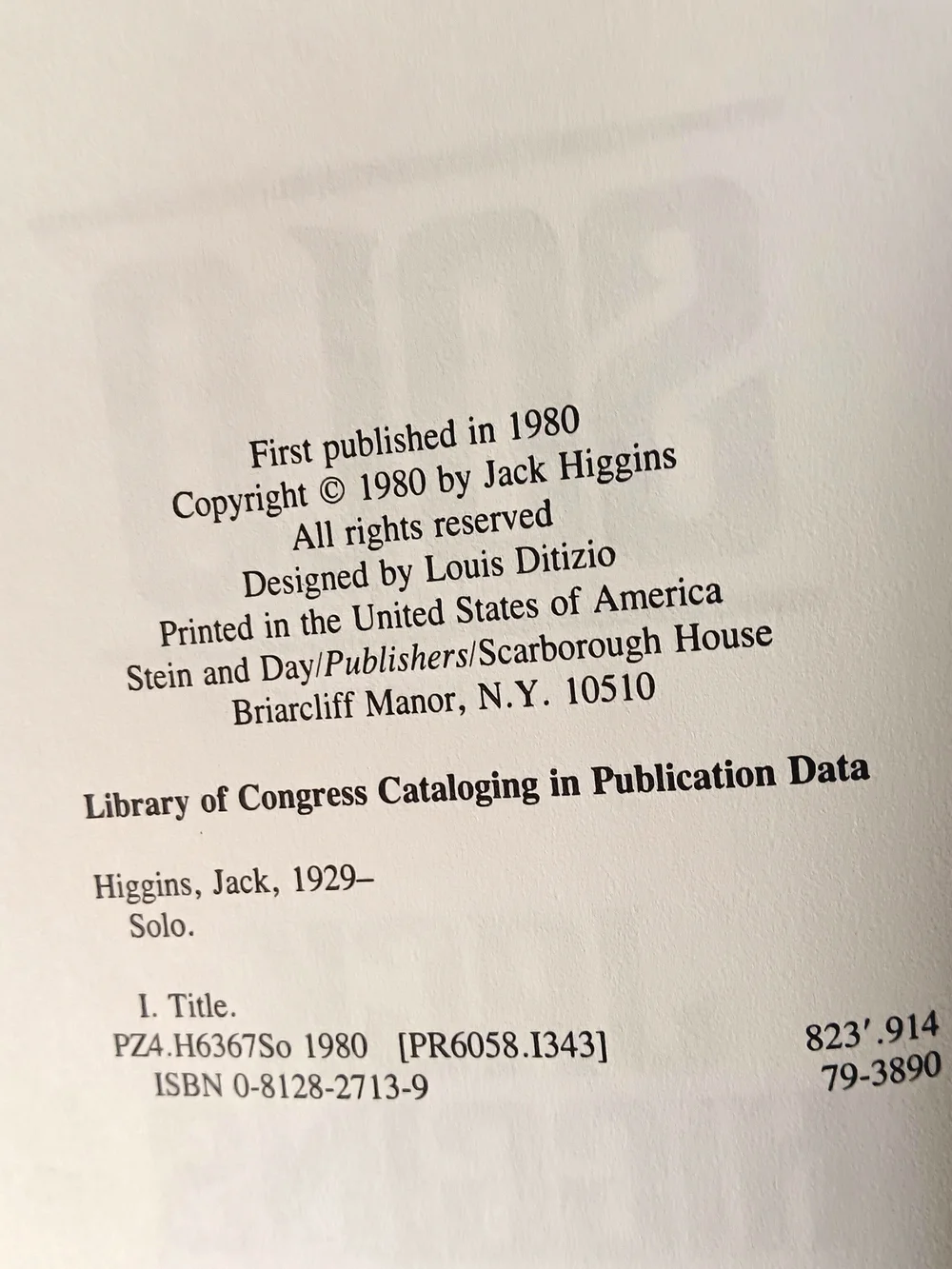 1980 Jack Higgins SOLO 1st Ed Hardcover | Stein & Day | Like New